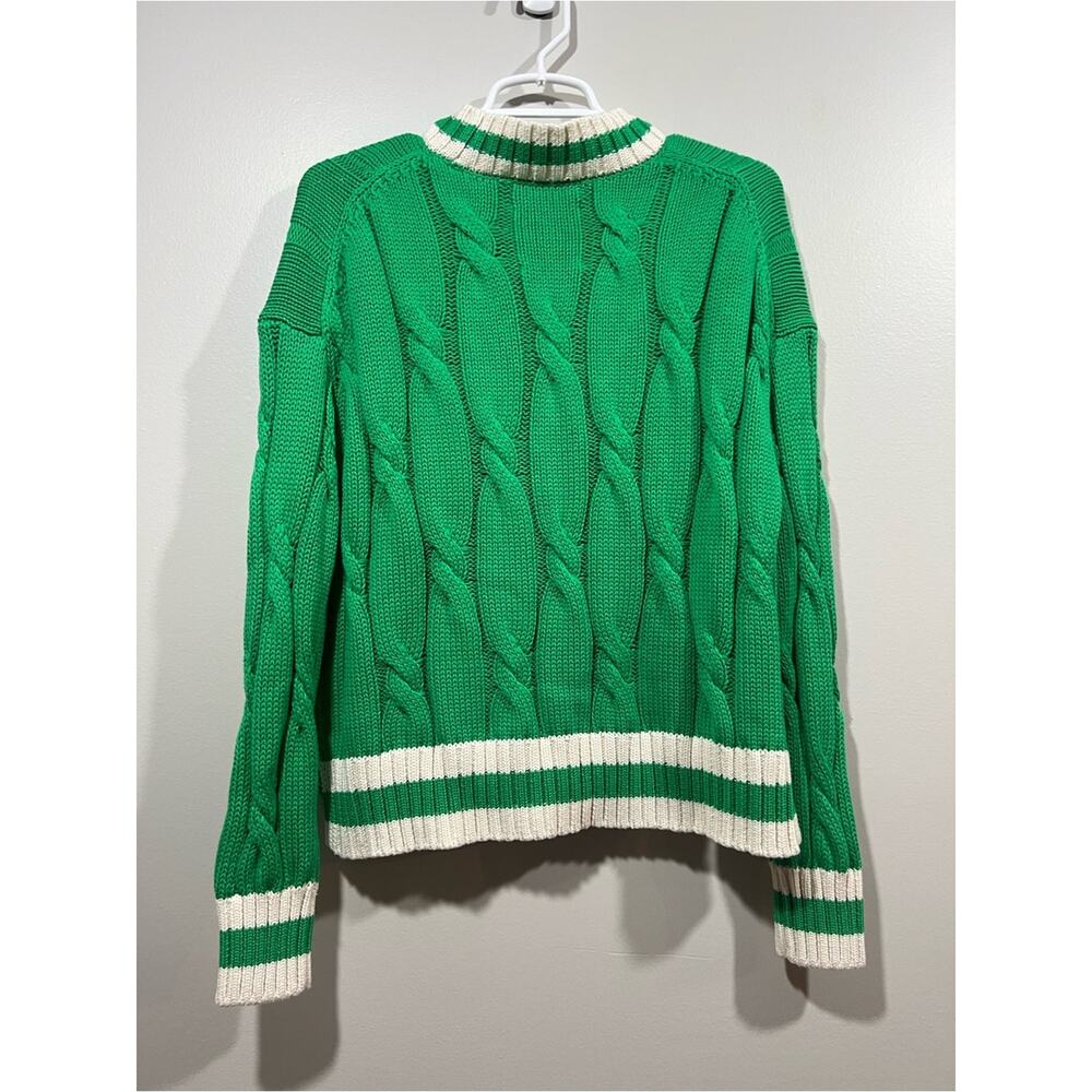 Aerie Green Cable-Knit V-Neck Sweater with Ivory Trim Size Small - Picture 6 of 6